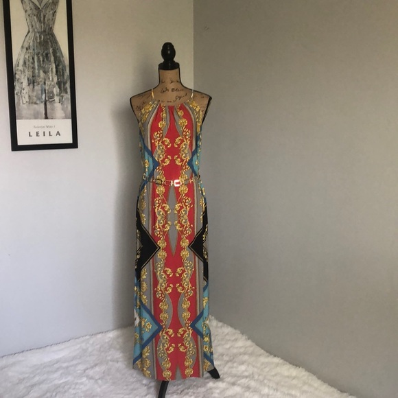 Roz & Ali Printed Maxi Dress with attached gold chain belt Sz 4 - Picture 3 of 15